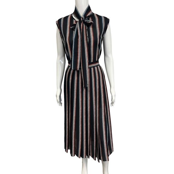 ELIE SAAB Black Striped Neck Tie Sleeveless Top A-line Pleated Skirt Set 44 US12 - Picture 1 of 7
